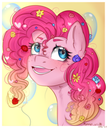 Size: 2600x3100 | Tagged: safe, artist:mojmojsanna, pinkie pie, pony, g4, balloon, bust, cute, diapinkes, ear fluff, female, flower, flower in hair, freckles, high res, neck fluff, open mouth, portrait, signature, simple background, solo, yellow background
