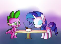 Size: 1237x907 | Tagged: safe, artist:andromedasparkz, rarity, spike, dragon, pony, unicorn, g4, bowl, chocolate, cute, drinking straw, eyeshadow, female, food, makeup, male, mare, one eye closed, request, shared drink, ship:sparity, shipping, staw, straight, table