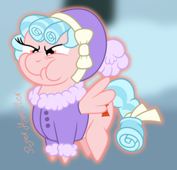 Size: 1400x1346 | Tagged: safe, artist:puperhamster, cozy glow, pegasus, pony, frenemies (episode), g4, angry, clothes, cozy glow is not amused, female, filly, foal, hat, madorable, puffy cheeks, scene interpretation, simple background, solo, winter outfit