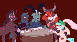 Size: 2264x1229 | Tagged: safe, artist:php93, cozy glow, grogar, king sombra, lord tirek, queen chrysalis, g4, alternate clothes, dice, dungeons and dragons, gaming, pen and paper rpg, playing card, rpg