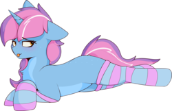 Size: 4024x2611 | Tagged: safe, artist:renderpoint, oc, oc only, oc:sherbet smoothie, pony, unicorn, blank flank, chest fluff, clothes, cute, female, floppy ears, horn, lying down, mare, pale belly, prone, simple background, socks, solo, tongue out, transparent background