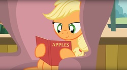 Size: 1680x936 | Tagged: safe, artist:forgalorga, applejack, earth pony, pony, everypony is strange, g4, apple, book, chair, cute, female, jackabetes, reading, sitting, smiling, solo, sweet dreams fuel, that pony sure does love apples
