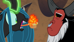 Size: 1920x1080 | Tagged: safe, screencap, lord tirek, queen chrysalis, centaur, changeling, changeling queen, frenemies (episode), g4, cupcake, duo, female, food, long tongue, magic, male, nose piercing, nose ring, piercing, septum piercing, tongue out, uncomfortable