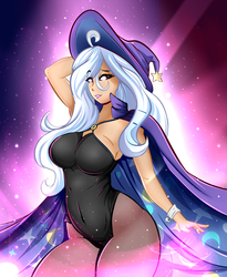 Size: 1150x1400 | Tagged: safe, artist:madacon, trixie, human, breasts, busty trixie, cape, clothes, curvy, eye clipping through hair, female, hat, humanized, leotard, looking at you, magician outfit, sexy, solo, stupid sexy trixie, thick, trixie's cape