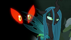 Size: 1136x640 | Tagged: safe, screencap, queen chrysalis, changeling, changeling queen, frenemies (episode), g4, angry, annoyed, darkness, disembodied eyes, eyes in the dark, female, red eyes, red eyes take warning
