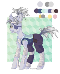 Size: 3338x4116 | Tagged: safe, artist:maximkoshe4ka, oc, oc only, oc:silver-slash, pony, bandage, bandana, belt, clothes, ear piercing, earring, eyepatch, female, grin, hoodie, horn, horn piercing, jewelry, mare, ninja, pants, piercing, ponytail, pouch, reference sheet, scar, simple background, sleeveless, smiling, snake bites, solo, tape, white background