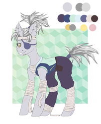 Size: 3338x4116 | Tagged: safe, alternate version, artist:maximkoshe4ka, oc, oc only, oc:silver-slash, pony, bandage, bandana, belt, clothes, ear piercing, earring, eyepatch, female, grin, hoodie, horn, horn piercing, jewelry, mare, ninja, pants, piercing, ponytail, pouch, reference sheet, scar, simple background, sleeveless, smiling, snake bites, solo, tape, white background