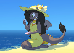 Size: 1188x850 | Tagged: safe, artist:carnifex, oc, oc only, dracony, hybrid, anthro, anthro oc, beach, clothes, dress, female, hat, kneeling, smiling, solo, summer dress, sun hat
