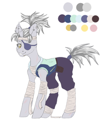 Size: 3338x4116 | Tagged: safe, alternate version, artist:maximkoshe4ka, oc, oc only, oc:silver-slash, pony, bandage, bandana, belt, clothes, ear piercing, earring, eyepatch, female, grin, hoodie, horn, horn piercing, jewelry, mare, ninja, pants, piercing, ponytail, pouch, reference sheet, scar, simple background, sleeveless, smiling, snake bites, solo, tape, white background