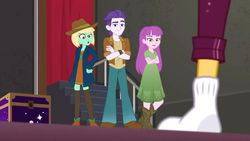 Size: 1280x720 | Tagged: safe, screencap, dakota verde, dirk thistleweed, sunset shimmer, violet wisteria, equestria girls, g4, how to backstage, my little pony equestria girls: better together, 2319, background human, band members, clothes, socks