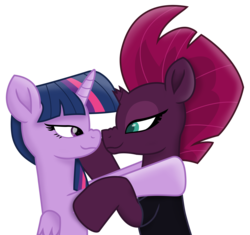 Size: 7511x7065 | Tagged: safe, alternate version, artist:ejlightning007arts, edit, tempest shadow, twilight sparkle, alicorn, pony, g4, my little pony: the movie, boop, clothes, cute, female, jumpsuit, lesbian, noseboop, ship:tempestlight, shipping, simple background, transparent background, twilight sparkle (alicorn), vector