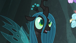 Size: 1920x1080 | Tagged: safe, screencap, cozy glow, queen chrysalis, changeling, changeling queen, frenemies (episode), g4, female, solo focus, wide eyes