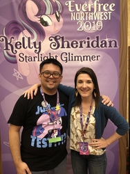 Size: 4032x3024 | Tagged: safe, starlight glimmer, sunset shimmer, twilight sparkle, human, g4, everfree northwest, everfree northwest 2019, irl, irl human, kelly sheridan, photo, voice actor
