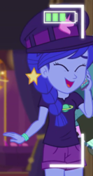 Size: 555x1045 | Tagged: safe, screencap, space camp, equestria girls, g4, how to backstage, my little pony equestria girls: better together, background human, blue hair, blue skin, braided ponytail, cellphone, clothes, cropped, eyes closed, hat, jewelry, phone, shirt, shorts, smiling, wristband