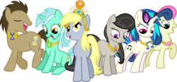 Size: 3490x1617 | Tagged: safe, alternate version, artist:jaybugjimmies, bon bon, derpy hooves, dj pon-3, doctor whooves, lyra heartstrings, octavia melody, sweetie drops, time turner, vinyl scratch, earth pony, pegasus, pony, unicorn, g4, alternate mane six, background pony, background six, big crown thingy, crown, element of magic, elements of harmony, eyes closed, female, jewelry, male, mare, open mouth, regalia, simple background, sitting, stallion, sunglasses, transparent background, vector