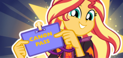 Size: 1920x916 | Tagged: safe, edit, edited screencap, screencap, sunset shimmer, equestria girls, g4, how to backstage, my little pony equestria girls: better together, canon, caption, cute, female, hilarious in hindsight, image macro, shimmerbetes, solo, text