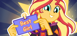 Size: 1920x916 | Tagged: safe, edit, edited screencap, screencap, sunset shimmer, equestria girls, g4, how to backstage, my little pony equestria girls: better together, best pony, comic sans, cropped, cute, female, obvious, shimmerbetes, solo, title card, truth