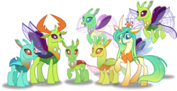 Size: 6626x3424 | Tagged: safe, artist:vector-brony, arista, clypeus, cornicle, frenulum (g4), lokiax, queen chrysalis, thorax, changedling, changeling, changeling queen, g4, a better ending for chrysalis, absurd resolution, changedlingified, changeling king, cute, cutealis, cuteling, female, flying, group, inkscape, king thorax, looking at you, male, mare, open mouth, purified chrysalis, raised hoof, reformed, simple background, smiling, smiling at you, spread wings, standing, transparent background, vector, wings