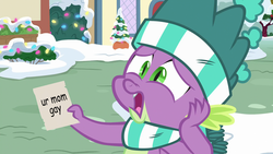 Size: 1920x1080 | Tagged: safe, edit, edited screencap, screencap, spike, dragon, g4, my little pony best gift ever, christmas, christmas lights, clothes, grammar error, holiday, intentional spelling error, male, meme, paper, scarf, solo, striped scarf, text, ur mom, winged spike, wings, winter, winter outfit, your mom, your mom gay
