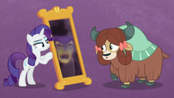 Size: 1280x720 | Tagged: safe, edit, edited screencap, screencap, rarity, yona, earth pony, pony, unicorn, yak, g4, she's all yak, bipedal, bow, cloven hooves, disney, duo, exploitable, female, fit right in, hair bow, magic mirror, mare, mirror, purple background, raised hoof, simple background, snow white and the seven dwarfs