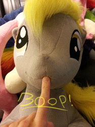 Size: 1536x2048 | Tagged: safe, artist:agatrix, derpy hooves, human, pegasus, pony, g4, :3, boop, cute, derpabetes, female, irl, irl human, photo, plushie, smiling, text