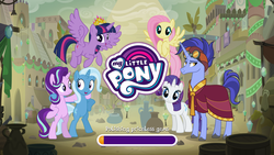 Size: 1280x720 | Tagged: safe, gameloft, fluttershy, hoo'far, rarity, starlight glimmer, trixie, twilight sparkle, alicorn, pony, g4, road to friendship, belly, bipedal, city, crown, jewelry, loading screen, regalia, saddle arabia, twilight sparkle (alicorn)