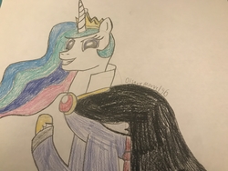 Size: 4032x3024 | Tagged: safe, artist:disneymarvel96, princess celestia, pony, g4, cape, clothes, collar, cosplay, costume, crown, disney, drawing, evil queen, gem, grimhilde, jewelry, necklace, regalia, ruby, sash, snow white and the seven dwarfs