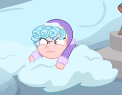 Size: 747x581 | Tagged: safe, screencap, cozy glow, pegasus, pony, frenemies (episode), g4, clothes, cozy glow is not amused, cozybetes, cropped, cute, female, filly, foal, hat, snow, solo, sweater, winter outfit