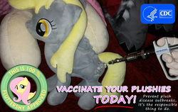 Size: 997x629 | Tagged: safe, derpy hooves, fluttershy, pegasus, pony, g4, clothes, fake, female, flyer, gloves, irl, medical, photo, plushie, science, syringe, text, vaccination