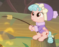 Size: 328x264 | Tagged: safe, screencap, cozy glow, pegasus, pony, frenemies (episode), g4, animated, campfire, clothes, cozybetes, cropped, cute, eating, female, filly, foal, food, hat, marshmallow, no sound, nom, puffy cheeks, solo, webm, winter outfit
