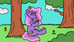 Size: 1366x768 | Tagged: safe, artist:raulixevergreen, oc, oc:lilypurpleflame, bird, earth pony, pony, bowtie, cute, flower, forest, nature, sitting, smiling, tree