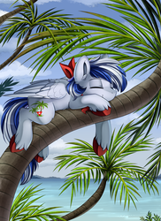 Size: 2550x3509 | Tagged: safe, artist:pridark, oc, oc only, oc:cubano, pegasus, pony, commission, eyes closed, high res, island, male, neckerchief, ocean, palm tree, relaxed, resting, sand, scenery, shore, smiling, solo, stallion, tree, unshorn fetlocks, water