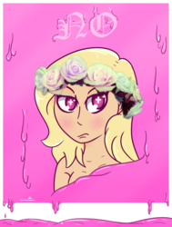 Size: 757x1000 | Tagged: safe, artist:lazerblues, oc, oc only, oc:gale, satyr, blackletter, bust, floral head wreath, flower, male, offspring, parent:zephyr breeze, solo, wingding eyes