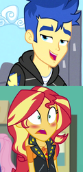 Size: 2048x4224 | Tagged: safe, edit, edited screencap, screencap, flash sentry, sunset shimmer, best trends forever, equestria girls, equestria girls specials, g4, my little pony equestria girls: better together, my little pony equestria girls: forgotten friendship, female, male, ship:flashimmer, shipping, shipping domino, straight