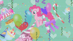 Size: 1280x720 | Tagged: safe, screencap, pinkie pie, earth pony, pony, g4, the ticket master, balloon, candy, candy cane, confetti, female, food, green background, imagine spot, mare, pronking, simple background, solo, streamers