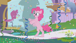 Size: 1280x720 | Tagged: safe, screencap, pinkie pie, earth pony, pony, g4, the ticket master, bipedal, confetti, excited, female, imagine spot, mare, rearing, streamers
