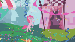 Size: 1280x720 | Tagged: safe, screencap, pinkie pie, earth pony, pony, g4, the ticket master, bipedal, confetti, female, imagine spot, mare, rearing, solo, streamers