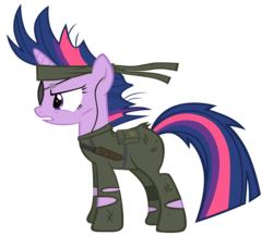 Size: 6000x5200 | Tagged: safe, artist:mrlolcats17, twilight sparkle, pony, unicorn, g4, absurd resolution, clothes, female, future twilight, gritted teeth, hooves, horn, knife, konami, mare, metal gear, metal gear solid 3, naked snake, simple background, snake eater, solid sparkle, solo, transparent background