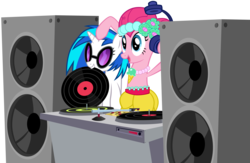 Size: 8000x5200 | Tagged: safe, artist:mrlolcats17, dj pon-3, pinkie pie, vinyl scratch, earth pony, pony, unicorn, g4, female, hooves, horn, mare, mouth hold, open mouth, record, simple background, transparent background, turntable