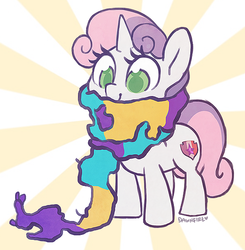 Size: 600x612 | Tagged: safe, artist:dawnfire, sweetie belle, pony, unicorn, g4, clothes, colored pupils, crochet, cute, cutie mark, diasweetes, female, filly, scarf, solo, sunburst background, the cmc's cutie marks