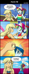Size: 800x2020 | Tagged: safe, artist:uotapo, edit, applejack, rainbow dash, equestria girls, equestria girls specials, g4, my little pony equestria girls: better together, my little pony equestria girls: spring breakdown, armpits, bait and switch, blushing, clothes, comic, cowboy hat, female, freckles, geode of super speed, geode of super strength, hat, hypocrisy, japanese, magical geodes, open mouth, sea sickness, sleeveless, sweatband, translation, vomit, vomiting