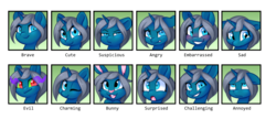 Size: 5926x2552 | Tagged: safe, artist:scarlet-spectrum, oc, oc only, oc:blue moon, pony, rabbit, unicorn, angry, annoyed, blushing, brave, bunny ears, crying, cute, embarrassed, emotions, evil grin, eyes rolling back, female, filly, floppy ears, gasp, grin, one eye closed, sad, simple background, smiling, solo, sombra eyes, surprised, suspicious, text, transformation, transparent background, wink
