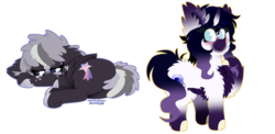 Size: 1024x499 | Tagged: safe, artist:vanillaswirl6, oc, oc only, oc:blackberry, oc:rikka, pegasus, pony, unicorn, blushing, colored hooves, colored muzzle, commission, duo, lying down, photoshop, prone, simple background, spots, squishy cheeks, transparent background