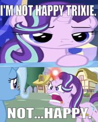 Size: 667x833 | Tagged: safe, edit, edited screencap, editor:undeadponysoldier, screencap, starlight glimmer, trixie, pony, unicorn, all bottled up, g4, caption, comic, cutie map, discovery family logo, female, gilbert hugh, glowing horn, horn, i'm not happy bob, image macro, mare, meme, ponyville, quiet, ragelight glimmer, reference, scared, screencap comic, starlight glimmer is not amused, text, the incredibles, this will end in pain, unamused, vein, vein bulge, wrong aspect ratio