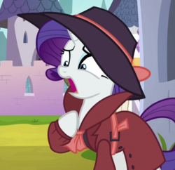 Size: 707x683 | Tagged: safe, screencap, rarity, pony, unicorn, g4, sparkle's seven, clothes, cropped, detective rarity, female, gasp, hat, mare, open mouth, raised hoof, shrunken pupils, solo