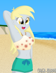 Size: 1488x1936 | Tagged: safe, artist:cyber-murph, derpy hooves, equestria girls, g4, my little pony equestria girls: better together, arm behind head, armpits, beach, belly, belly button, bikini, clothes, cross-eyed, cute, midriff, ocean, shorts, signature, swimsuit