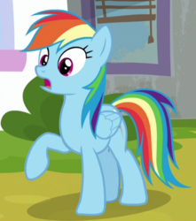 Size: 456x517 | Tagged: safe, screencap, rainbow dash, pegasus, pony, g4, sparkle's seven, cropped, female, mare, open mouth, raised hoof, solo