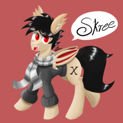 Size: 1900x1900 | Tagged: safe, artist:zachc, oc, oc only, bat pony, pony, bat pony oc, bat wings, clothes, concave belly, folded wings, happy, looking at you, male, open mouth, open smile, red eyes, scarf, simple background, skree, slender, smiling, solo, sweater, thin, walking, wings
