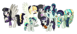 Size: 1940x867 | Tagged: safe, artist:unoriginai, coloratura, octavia melody, songbird serenade, oc, oc:canary clearbelle, oc:serenata serenade, oc:swansong symphony, oc:windchime charm, earth pony, pegasus, pony, g4, my little pony: the movie, alternate hairstyle, blushing, colt, cute, female, magical lesbian spawn, male, mare, next generation, offspring, simple background, singing, transparent background