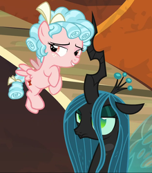 Size: 620x705 | Tagged: safe, screencap, cozy glow, queen chrysalis, changeling, changeling queen, pegasus, pony, g4, the beginning of the end, cropped, duo, female, filly
